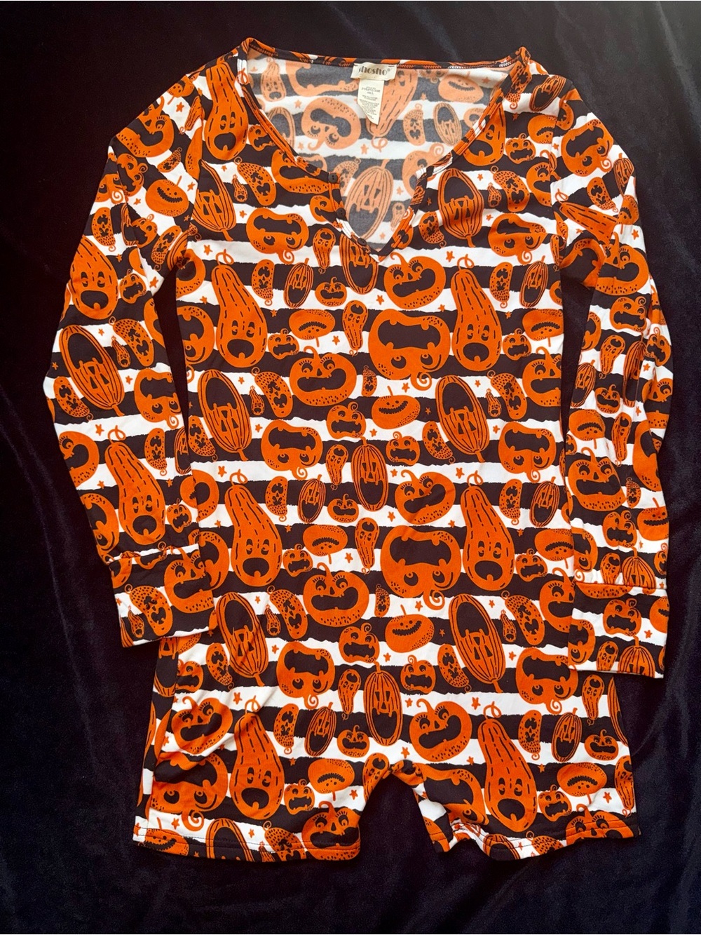 ShoSho Black, White & Orange Pumpkin Stripe Romper Pajama Set Women's Size Large